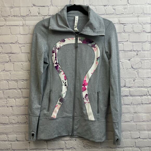 Lululemon In Stride Jacket Gray Floral Full Zip Size 6 Logo Athletic Workout - Picture 1 of 8